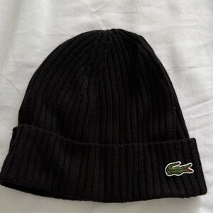 Lacoste Black Ribbed Knit Beanie